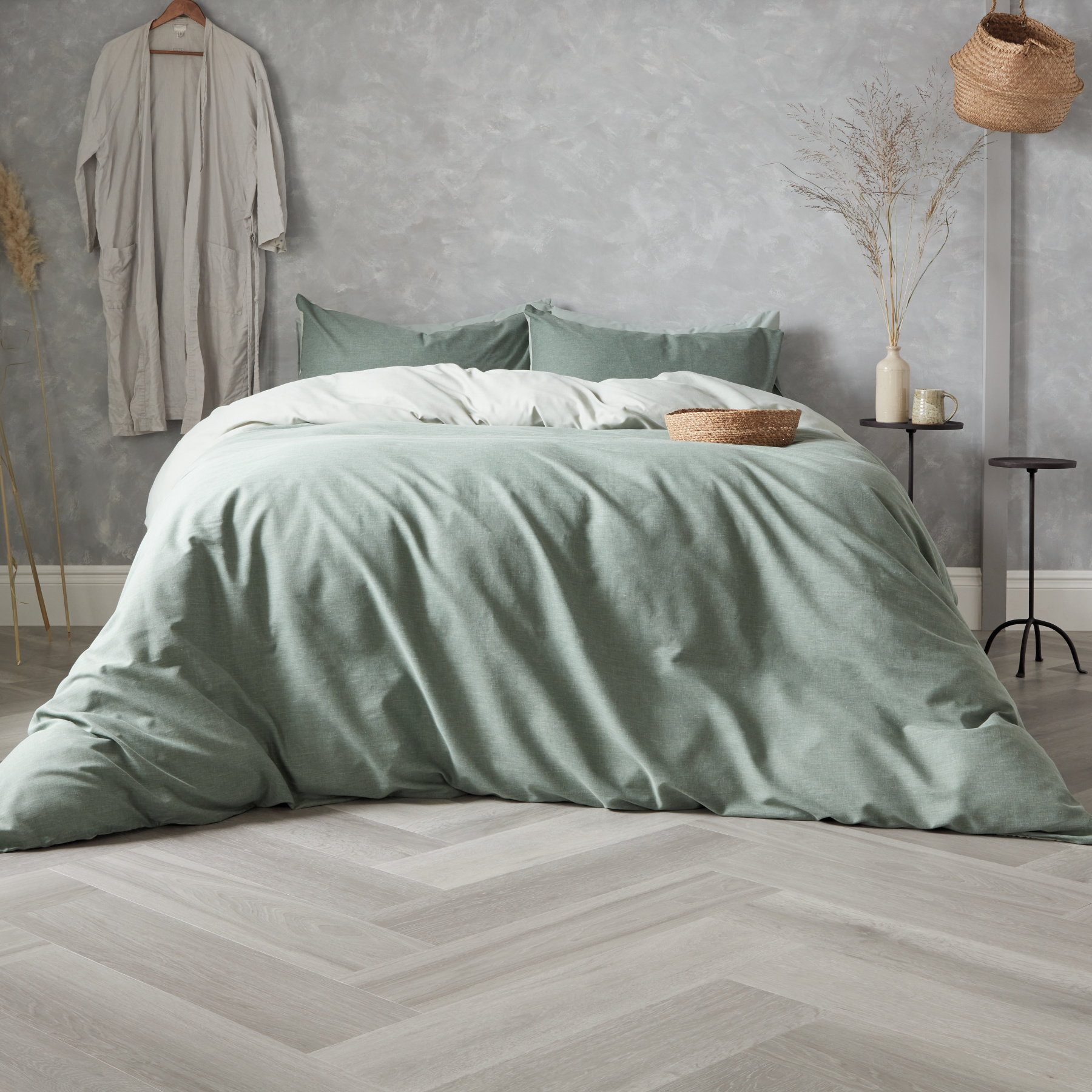 Karndean Texas grey ash herringbone wood flooring in a bedroom Van Gogh SM-VGW8239